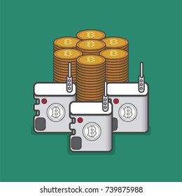 Flat lined art illustration Bit-coin mining rig computers severs wealth concept icon