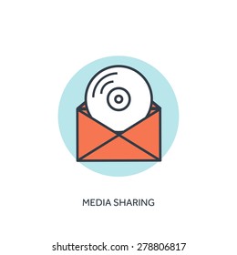 Flat lined compact disk icon. Email icon. Media sharing