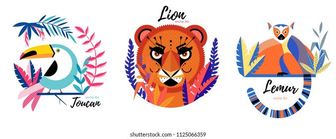 Flat lion, lemur,toucan  in geometric cartoon style.Hand drawn vector illustration. Isolated objects. Scandinavian style flat design. Concept for children print.