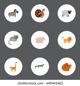 Flat Lion, Mutton, Predator And Other Vector Elements. Set Of Alive Flat Symbols Also Includes Pig, Animal Mammal, Cat Objects.