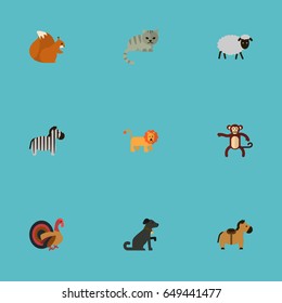 Flat Lion, Mutton, Predator And Other Vector Elements. Set Of Animal Flat Symbols Also Includes Cock, Dog, Sheep Objects.