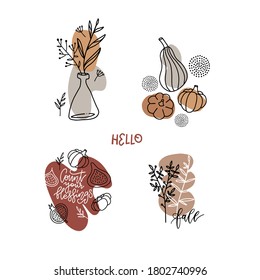 Flat liquid organic floral forms and badges with autumn elements set. Pumpkin, leaves and fig. Template for logo, web design, social media post, banner,, invitation, print, flyer. Vector illustration