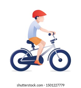 Flat Little Boy in Protective Helmet Riding Bicycle Isolated on White. Cartoon Faceless Child Cycling and Exercising Outdoors. Summer Recreation and Active rest on Vacation. Vector Illustration
