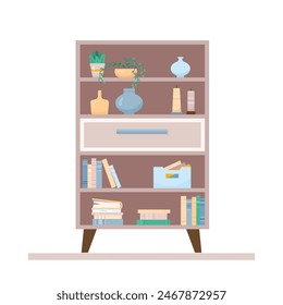 Concepto de salón plano con estantería. Artículos interiores de diseño moderno acogedor de mediados de siglo con libros y jarrones en la estantería. Ilustración de dibujos animados de Vector con soporte y decoración del hogar Elementos y velas