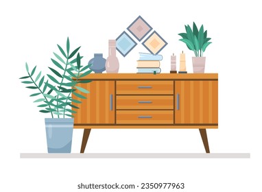 Flat living room concept with cabinet and home plants. Interior items of cozy modern midcentury design with books and vases on stand. Vector cartoon illustration with home decor elements and pictures