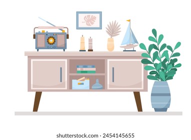 Flat living room concept with cabinet and radio receiver. Interior items of cozy modern midcentury design with books and vases on stand. Vector cartoon illustration with home decor elements and boat