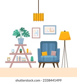 Flat living room concept with stand and armchair with pillows. Interior items of cozy modern midcentury design with plants and books. Vector cartoon illustration with home decor accessories and lamps