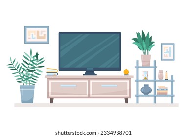 Flat living room concept with TV stand and home plants. Interior items of cozy modern midcentury design with books and vases. Vector cartoon illustration with home decor accessories and pictures