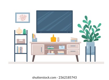 El concepto de sala de estar plana con TV y plantas para el hogar. Decoración de diseño moderno y acogedor de mediados de siglo con libros y jarrones. Ilustración de dibujos animados con consola de televisión y accesorios de decoración