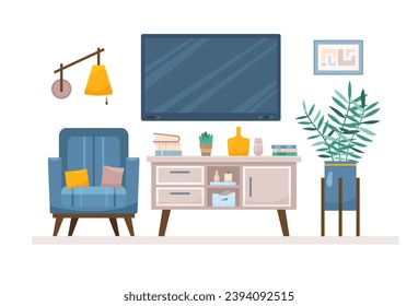 El concepto de sala de estar plana con TV y sillón. Decoración de diseño moderno de mediados de siglo con libros y plantas. Ilustración de dibujos animados con consola de televisión y accesorios de decoración