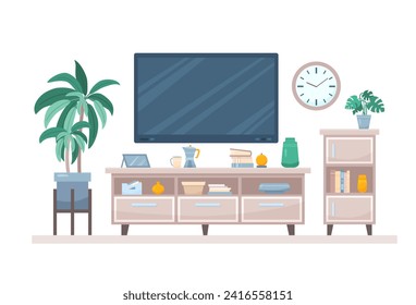 El concepto de sala de estar plana con TV y plantas para el hogar. Decoración de diseño moderno y acogedor de mediados de siglo con libros y jarrones. Ilustración de dibujos animados con consola de televisión y accesorios de decoración