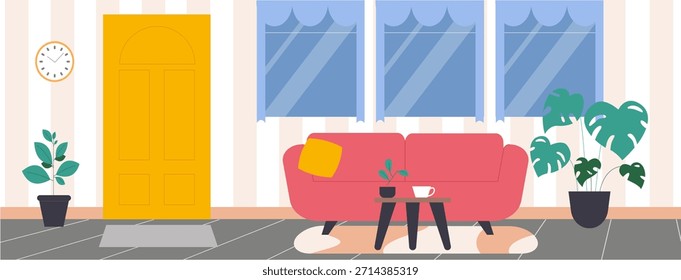 Flaches Wohnzimmer innen. Rotes Sofa, kleiner Tisch auf Teppich und Hauspflanzen. Gemütliche Ruhezone in Wohnung, Hotellobby, Wartebereich Büro oder Krankenhaus, Vektorkonzept