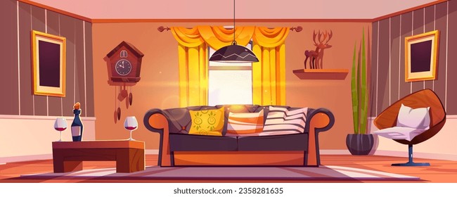 Flat living room with sofa luxury design vector. Wine bottle and glass on table inside modern livingroom apartment. Carpet, lamp, armchair element and picture on wall indoor furnished light house