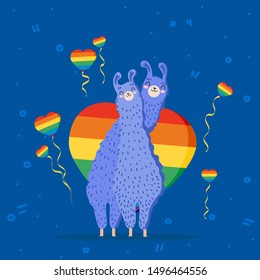 Flat llamas gays, lesbians with flag LGBT-community in the heart. Alpaca. Love is love, pride parade