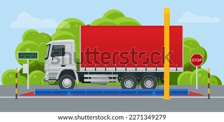 Flat loaded trailer truck on weighbridge. Weighing control platform. Container car on the weighing scale. Cargo transport, Truck trailer with container. Сток-фото © 