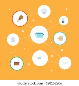 Flat Loaf, Chef Hat, Casserole And Other Vector Elements. Set Of Cooking Flat Symbols Also Includes Uniform, Knife, Frying Objects.
