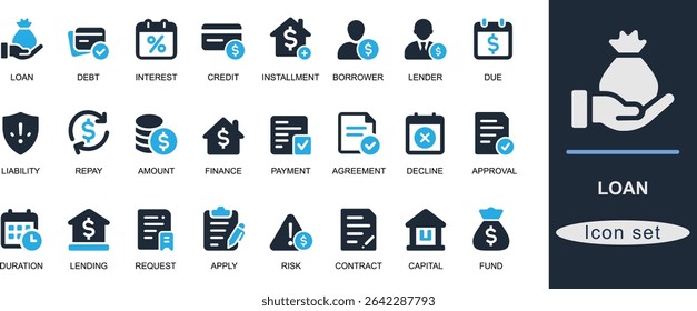 Flat loan icon set with credit, debt, EMI, interest, mortgage, payment, borrower, approval, document, and finance. Ideal for banking and fintech UI.