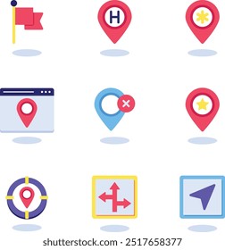 Flat Location icon set. Containing map, map pin, gps, destination, directions, distance, place, navigation and address icons. Solid icons vector collection