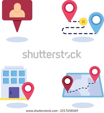 Flat Location icon set. Containing map, map pin, gps, destination, directions, distance, place, navigation and address icons. Solid icons vector collection