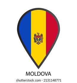 Flat location pin flag of Moldova icon. Simple isolated button. Eps10 vector illustration.
