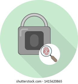 flat lock icon with magnifying glass symbol and fingerprint opening symbol on green background with shadow