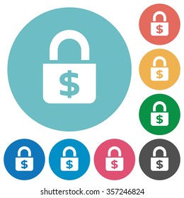 Flat locked money icon set on round color background.