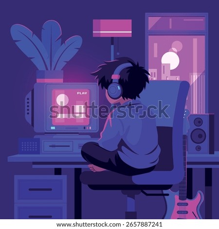 Flat Lofi Retro Chilling and Listening to Music at Night