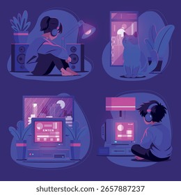 Colección de composición plana Lofi Retro Chilling Mini