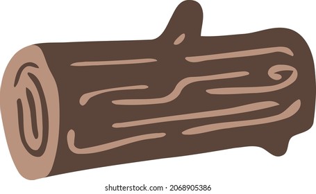 Flat log is lying. Organic tree trunk with rough bark, knots. Hand-drawn woodland clip-art. Forest background element. Cartoon doodle in themes of camping, hiking. Brown illustration without outline.