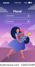 Flat login form on background with girl carrying bunch of beautiful spring flowers vector illustration