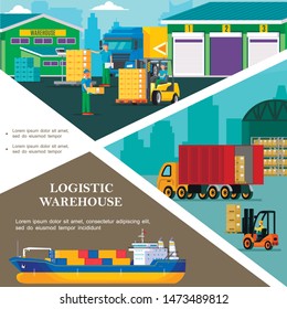 Flat logistics colorful template with storage workers transporting boxes using forklift truck loading process and cargo ship vector illustration