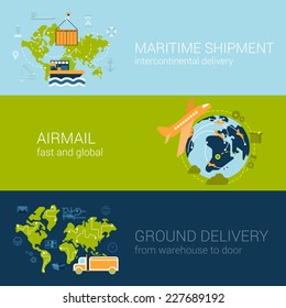 Flat logistics concept of shipping and delivery types. Web vector illustration infographic template set. Process collection: maritime shipment, airmail, ground delivery, ship, plane, aircraft, van.