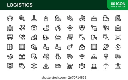 Flat Logistics Icon Pack - Mínimo Linear Outline Vetor Symbols of Truck, Shipping, Delivery, Box, Parcel, Warehouse, Cargo, Supply Chain, Perfect for UI, Web, and Infographic Projects