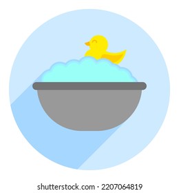 logotipo plano, icono de baño con pato y jabón. icono azul plano con sombra de "pato en la bañera". para un botón en el sitio.