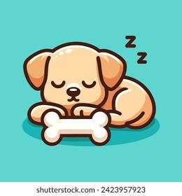 Flat logo of cute dog sleeping with bone, cartoon vector icon illustration, animal nature icon concept isolated premium vector