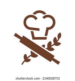 Flat logo design of chef hat and a crossed dough roller and wheat leaf at the bottom. Concept design for bakery, pastries, and restaurant business.