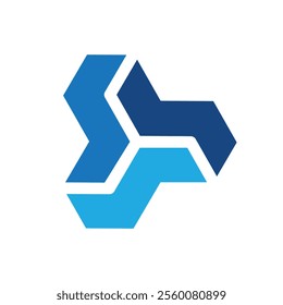 A flat logo design of a geometrical shape consists of three segments in different shades of blue