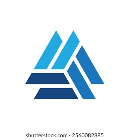 A flat logo design of a geometrical triangle shape consists of three segments in different shades of blue