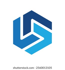 A flat logo design of a hexagonal shape consists of three segments in different shades of blue