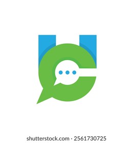 A flat logo design of a monogram letter UC with the C as the speech bubble in green and blue