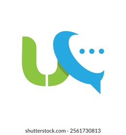 A flat logo design of a monogram letter UC with the C as the speech bubble in green and blue