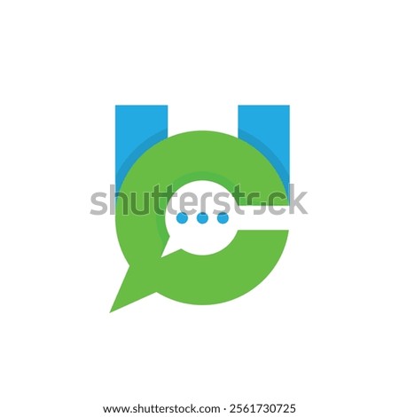 A flat logo design of a monogram letter UC with the C as the speech bubble in green and blue