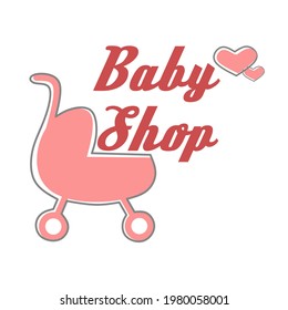 Flat logo design of a stroller in pink with the words "baby shop" on the side
