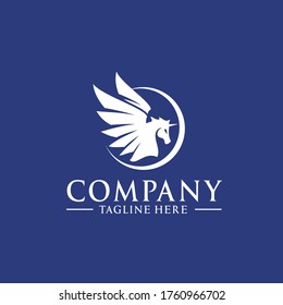 flat logo design of a winged unicorn with a line