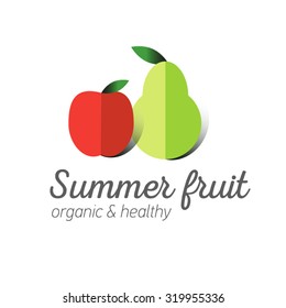 Flat logo or fruit symbol. Typography. Icon healthy diet. Stewed fruit. Red an apple, green pear.