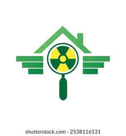 Logotipo plano de uma casa com asas com uma lupa com ícone de risco biológico no meio