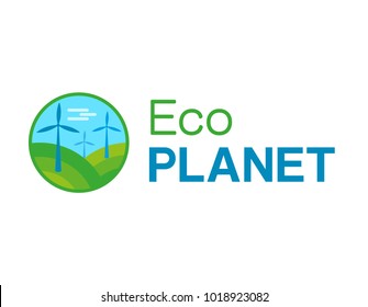 Flat logo, icon shape a circle. Three big eco windmills in beautiful place with green grass and blue sky. Modern ecology society. From the text eco planet, minimal graphic design, clean planet concept