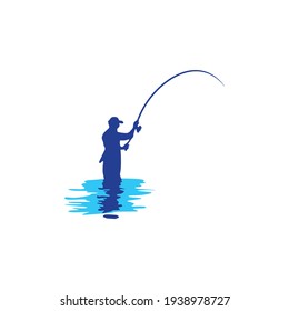 flat logo illustration of a person fishing