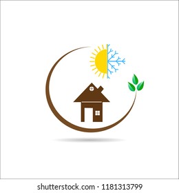 Flat logo with the image of the house, snowflakes with the sun and a branch with green leaves 