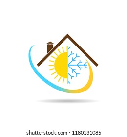 Flat logo with the image of the house, the sun with a snowflake and a gradient semicircle, 